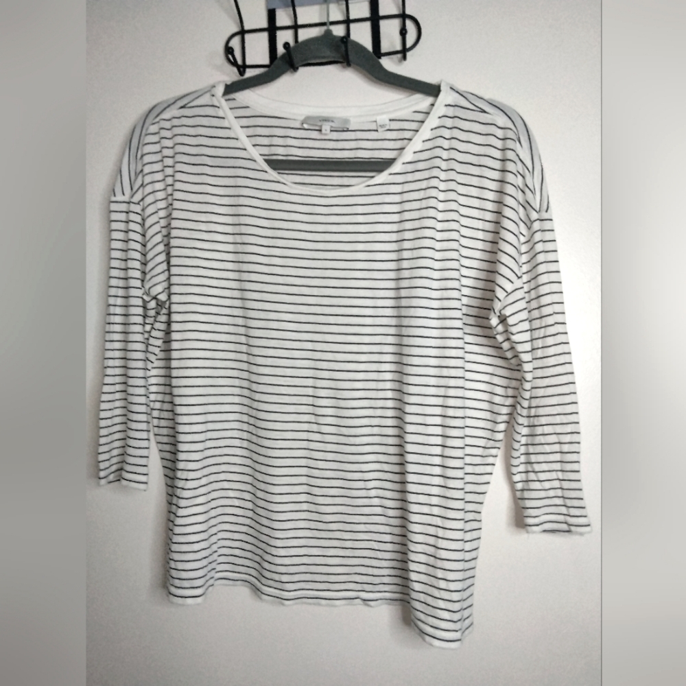 Vince (Size S) White & Black Striped Stretch Pima Cotton Half Sleeves T-shirt